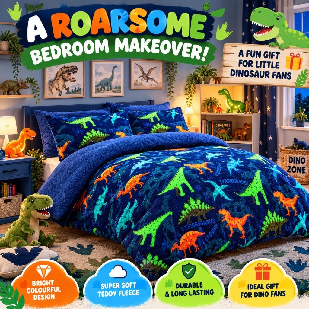 Fun dinosaur print detail on warm teddy fleece children's duvet cover