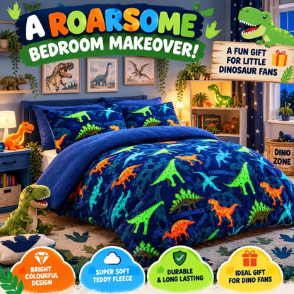 Fun dinosaur print detail on warm teddy fleece children's duvet cover