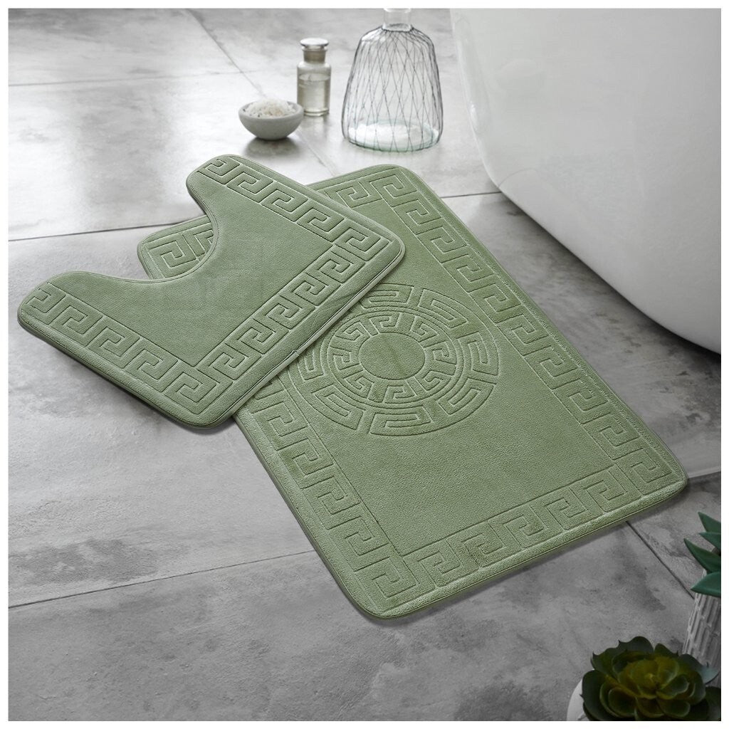 2 PC GREEK CIRCLE STYLE BATH MAT PEDESTAL SET NON SLIP TOILET BATHROOM RUGS