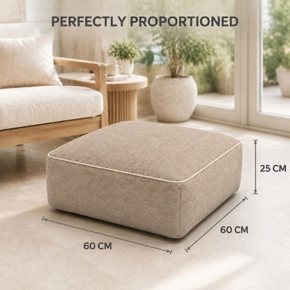 Square inflatable pouf size guide showing 60 x 60 x 25 cm dimensions