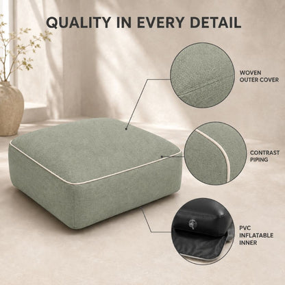 Square inflatable pouf in green, ideal for gardens and conservatories