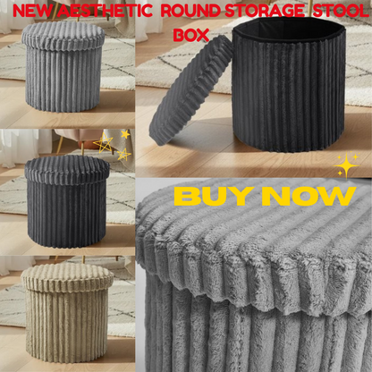 Round Ribbed Storage Box Ottoman Multipurpose Seat Foot Stool Toys Box Organizer