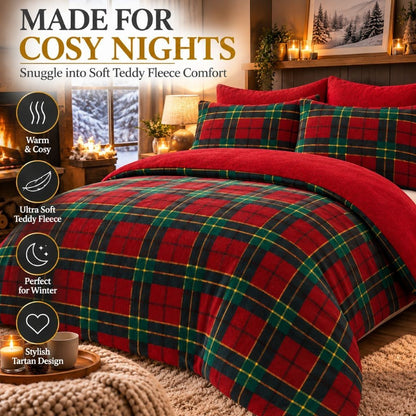 Warm winter tartan duvet cover set styled for a rustic cottage-style bedroom