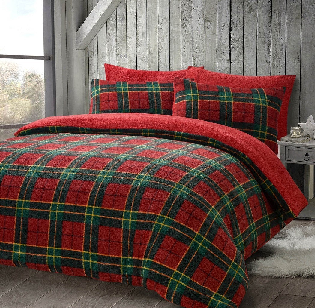 Xmas Tartan Check Teddy Fleece Duvet Cover Set Super Soft Thermal Warm Bedding