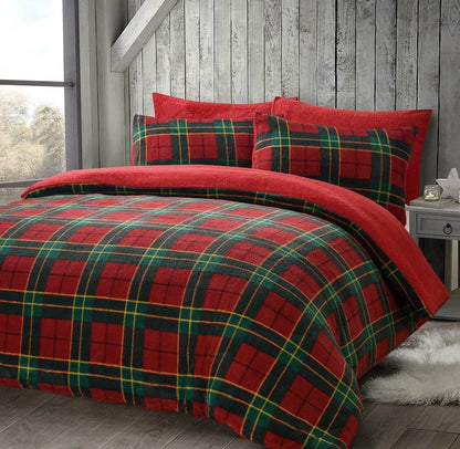 Xmas Tartan Check Teddy Fleece Duvet Cover Set Super Soft Thermal Warm Bedding