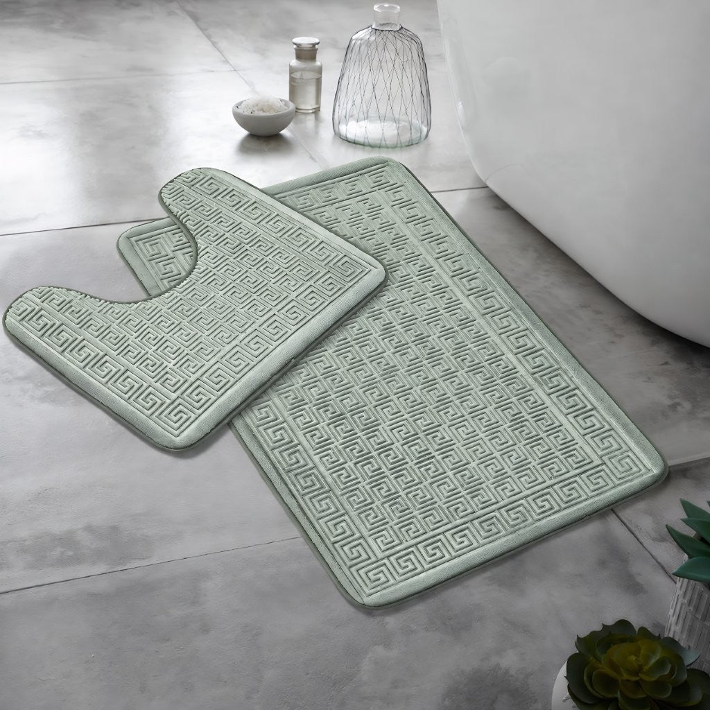 Pink Greek key bath mat set in a pastel family bathroom