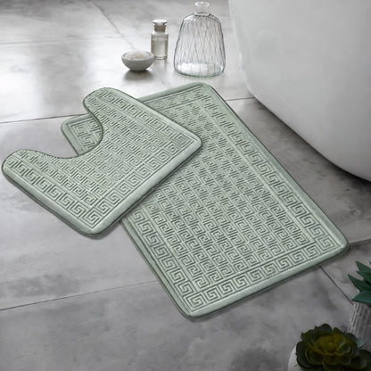 Pink Greek key bath mat set in a pastel family bathroom