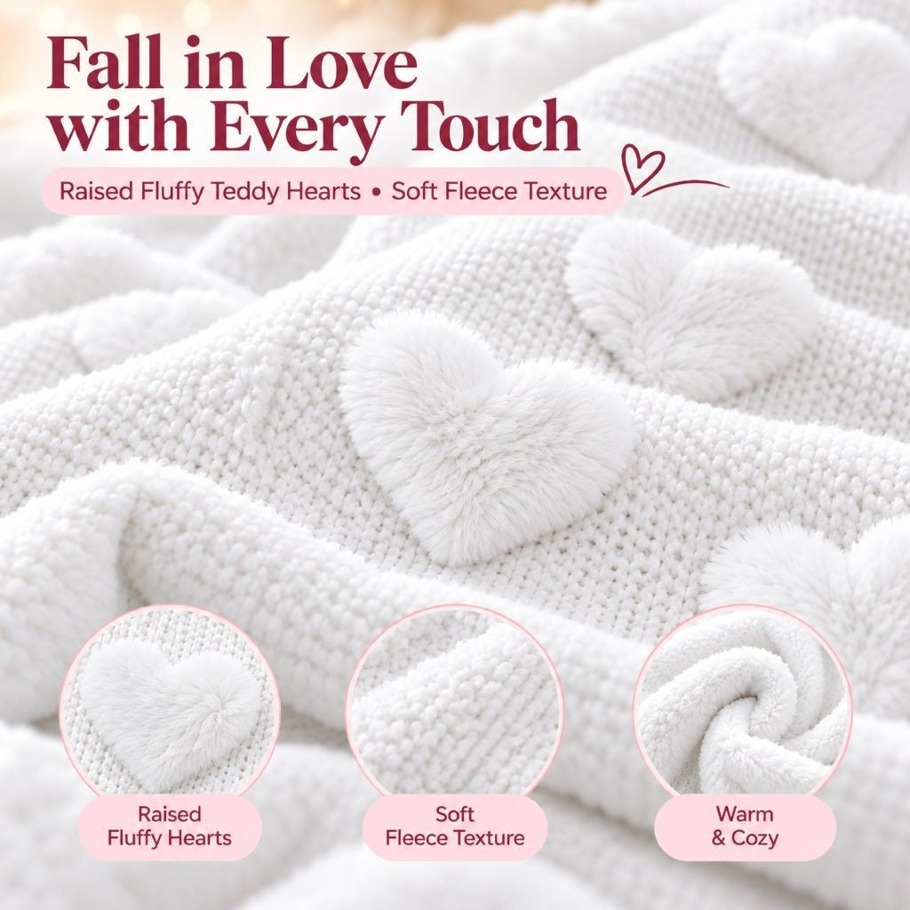 White teddy fleece heart throw folded on a bedroom armchair