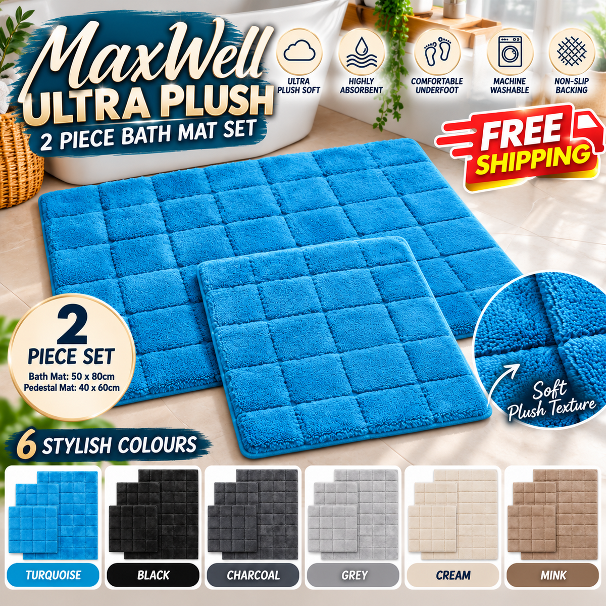 Nimora Home MaxWell ribbed bath mat and pedestal mat set