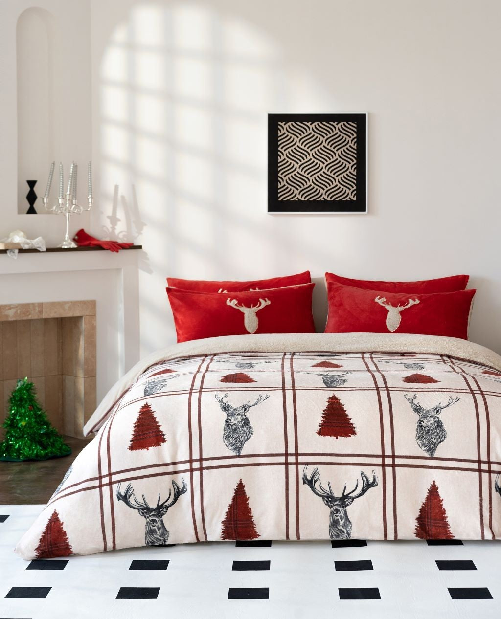 Stag Teddy Fleece Duvet Quilt Cover + Pillowcases Christmas Bedding Sets & Throw