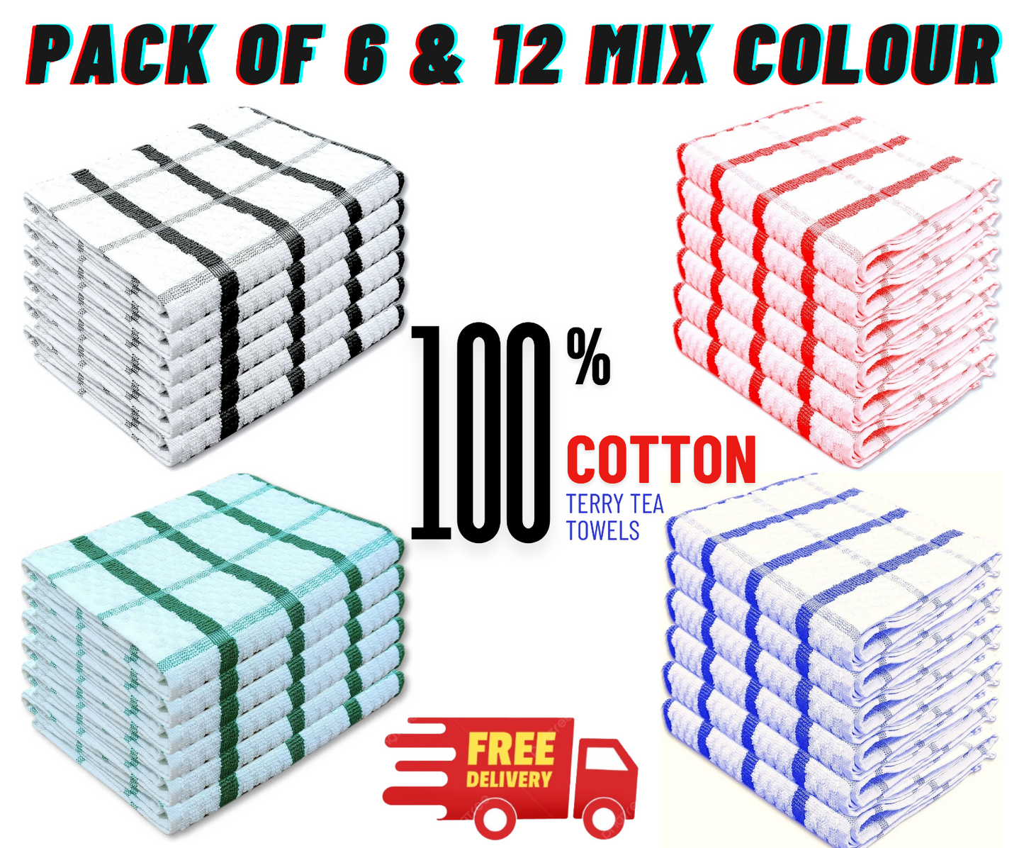 Pack Of 6-12 Terry 100% Cotton Tea Towels Set Dish Cloth Kitchen Cleaning Drying