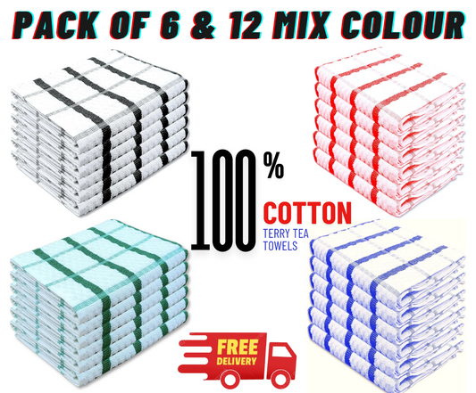 Pack Of 6-12 Terry 100% Cotton Tea Towels Set Dish Cloth Kitchen Cleaning Drying