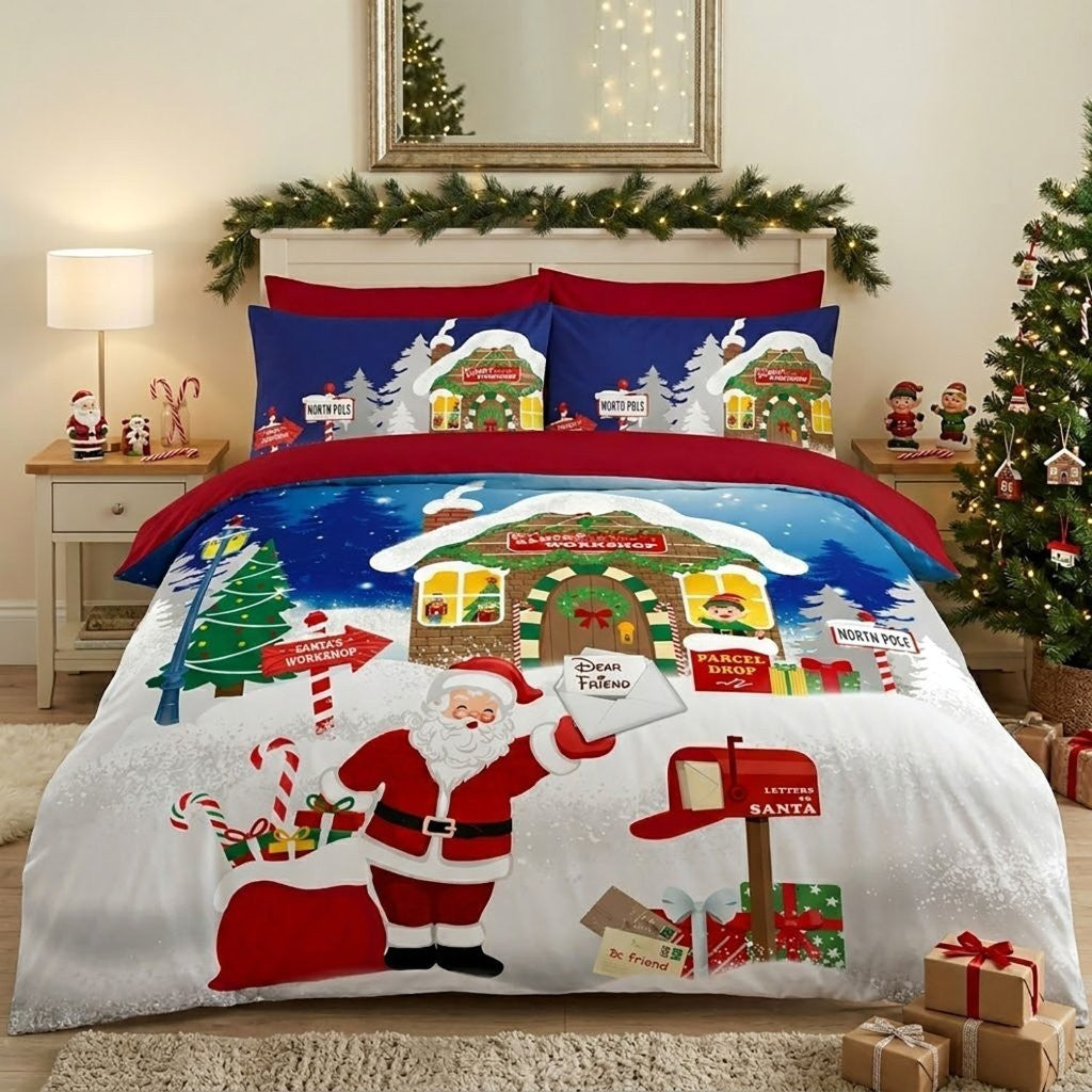 Christmas duvet set print detail showing snowflakes, presents and seasonal motifs