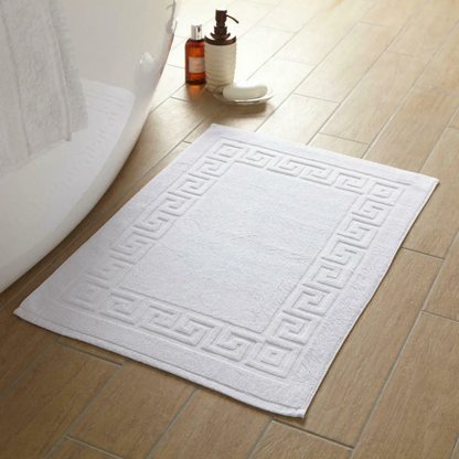 Hotel Quality White Bath Mats 100% Cotton Greek Key Border Design 750GSM Thick