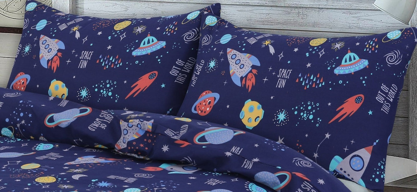 Space Galaxy Rocket Moon Stars Print Duvet Cover Pillowcase Bedding Set
