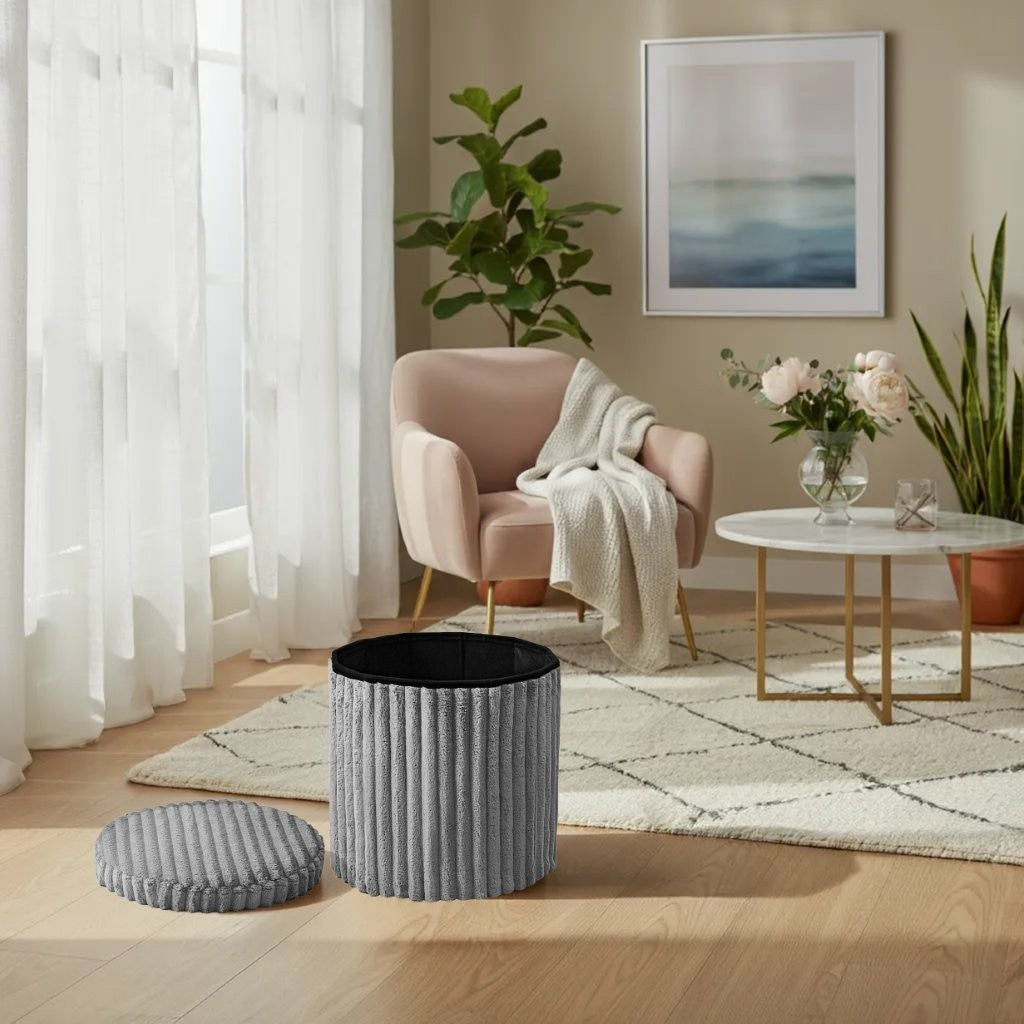 Round Ribbed Storage Box Ottoman Multipurpose Seat Foot Stool Toys Box Organizer