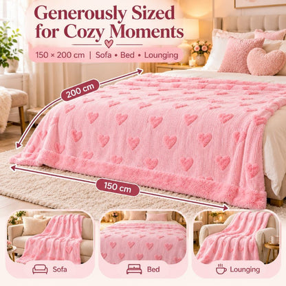 Fluffy teddy hearts duvet cover set shown from above on a bed