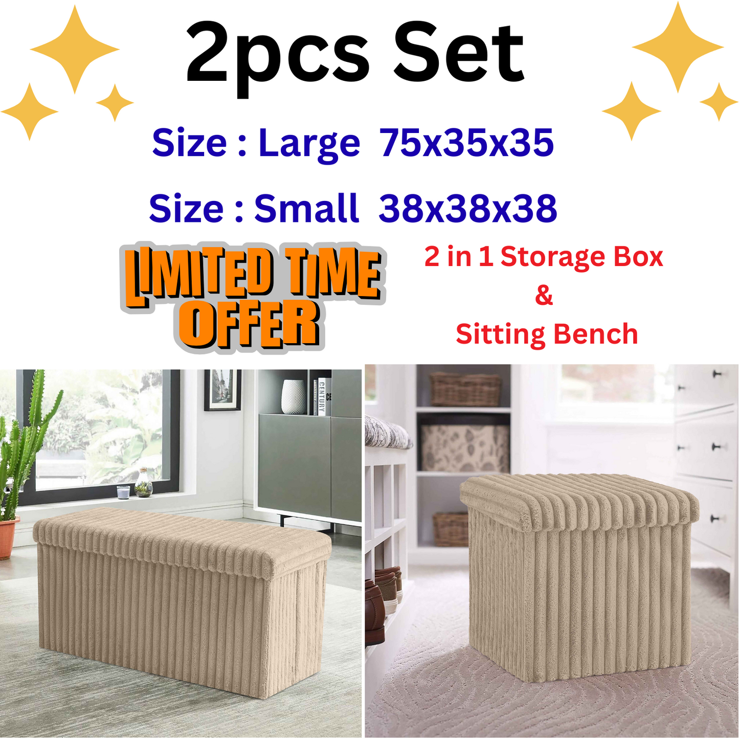 2pcs Set Ribbed Ottoman Storage Box Multi Seat Foot Stool Bench Home Organizer