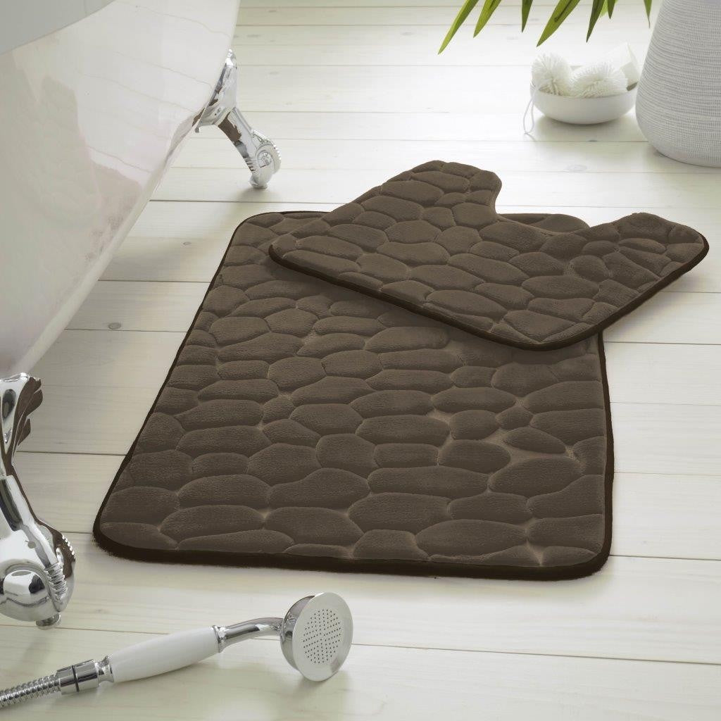 2 Piece Pabble Bath Mat Set Memory Foam Non Slip Rubber Pedestal Toilet Bathroom