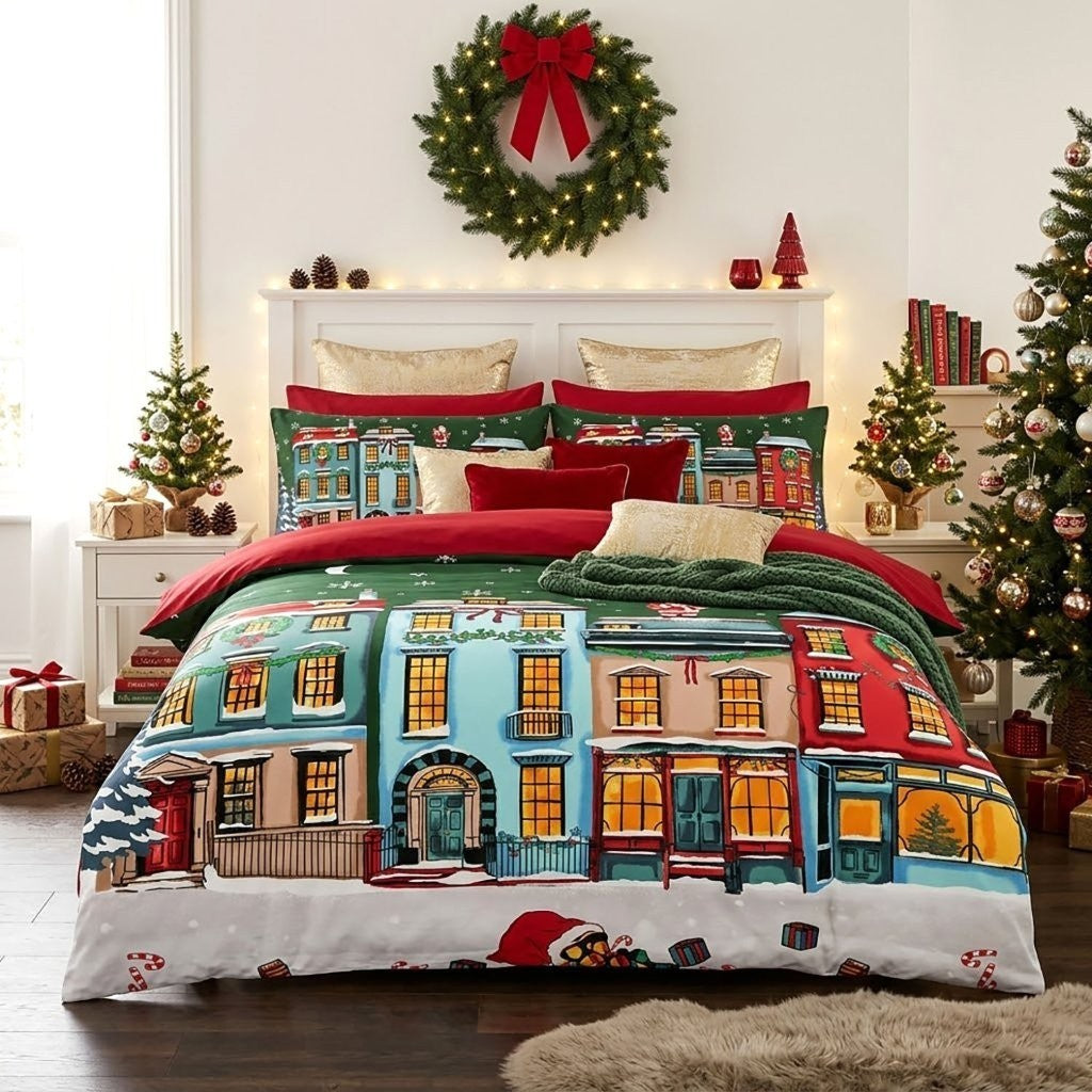 Close-up of bright Christmas print on soft, easy-care microfibre duvet cover