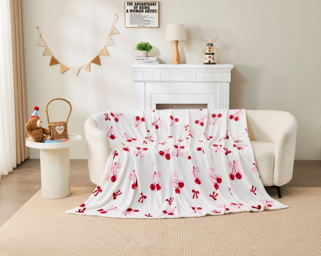 Pink Hearts all-over print throw blanket in a cosy living room