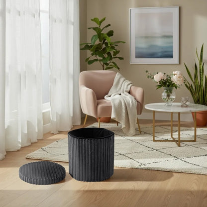 Round Ribbed Storage Box Ottoman Multipurpose Seat Foot Stool Toys Box Organizer