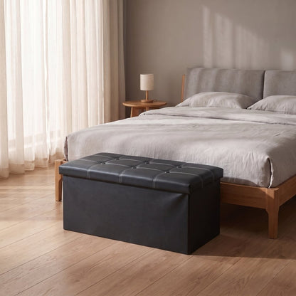 Faux leather storage ottoman folded flat for space-saving storage