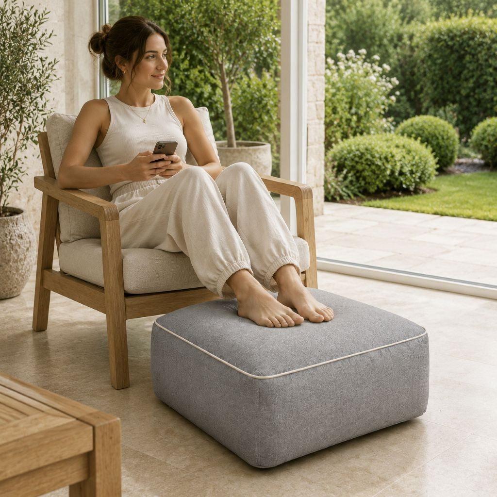 Square garden pouf shown deflated and packed flat for compact storage