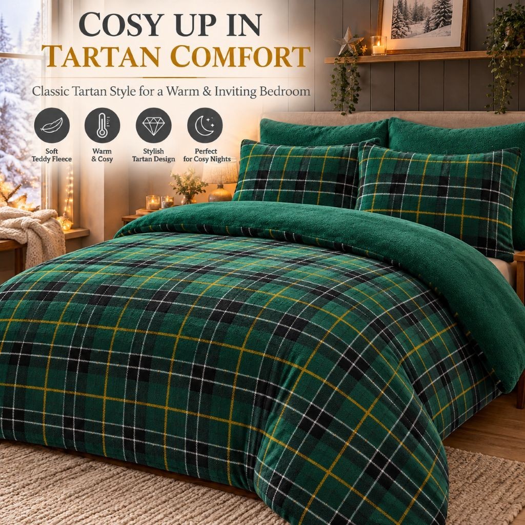 Teddy fleece tartan check duvet cover with matching pillowcase in a cosy bedroom