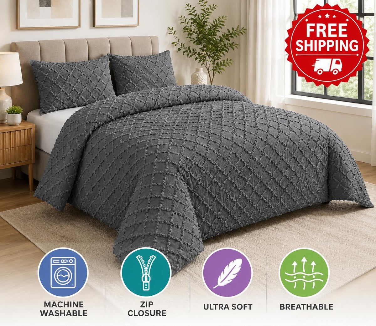 Textured tufted quilted duvet cover styled in a calm modern bedroom setting