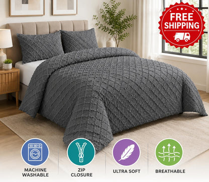 Textured tufted quilted duvet cover styled in a calm modern bedroom setting