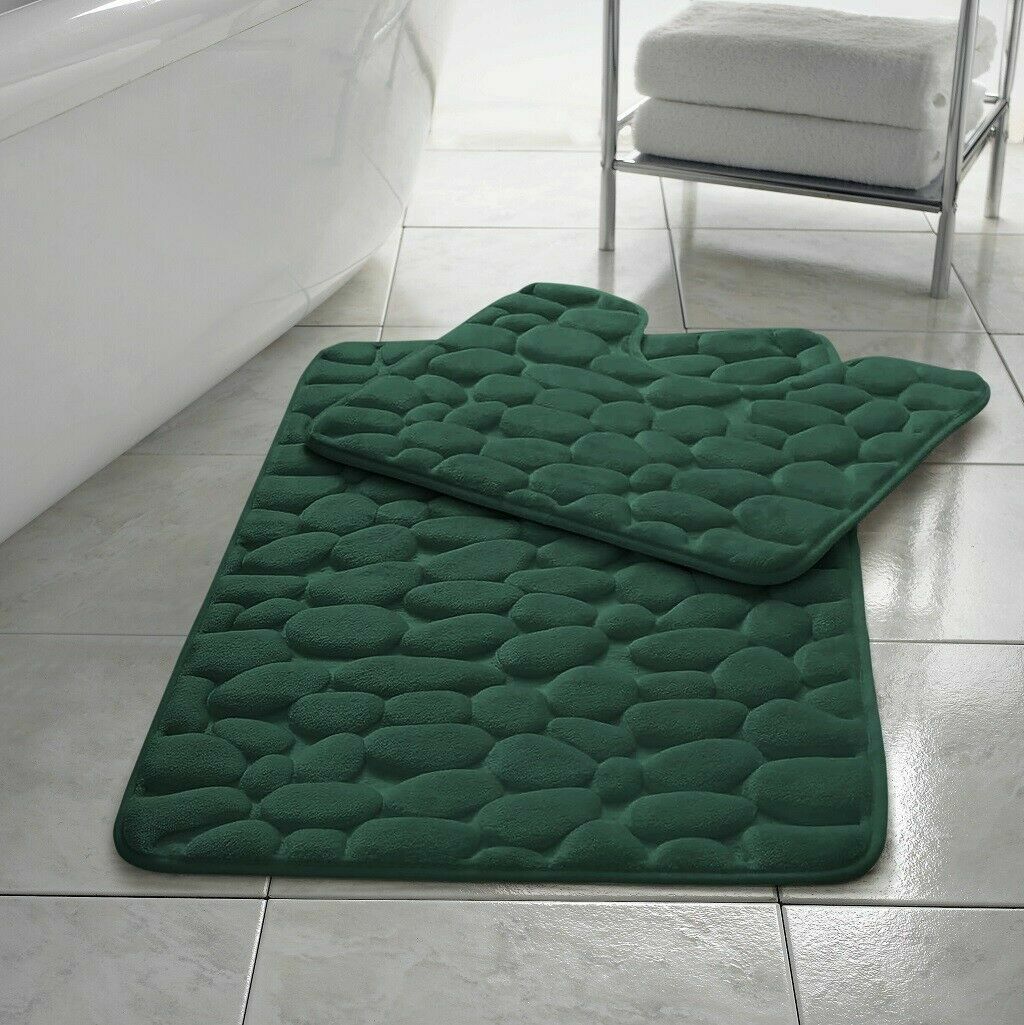PEBBLES BATH MAT PEDESTAL MEMORY FOAM SET NON SLIP SOFT TOILET BATHROOM RUGS 2PC