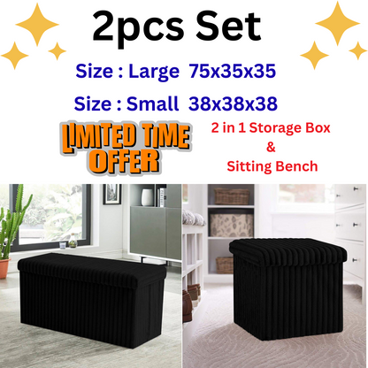 2pcs Set Ribbed Ottoman Storage Box Multi Seat Foot Stool Bench Home Organizer