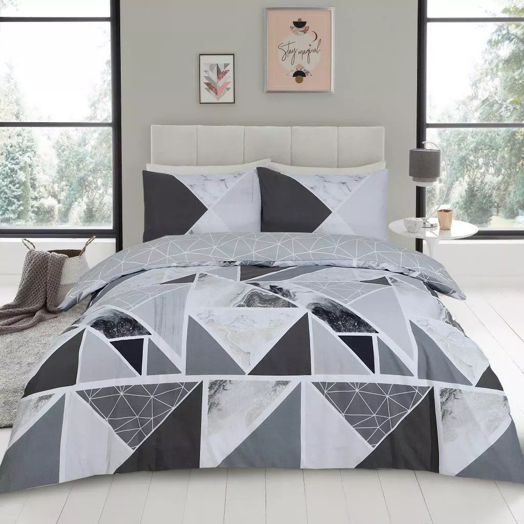 Mila Triangles Marble Stripes Duvet Quilt Cover & Pillow Case Bedding Set Pink