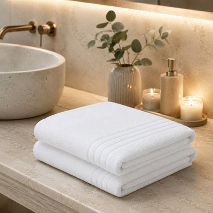 2-pack bath towels in classic white styled in a hotel-style bathroom