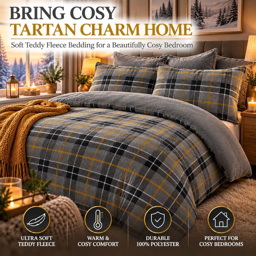 Thermal tartan fleece bedding set shown in one of three colourways: red, grey or green