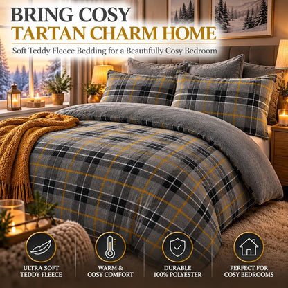 Thermal tartan fleece bedding set shown in one of three colourways: red, grey or green