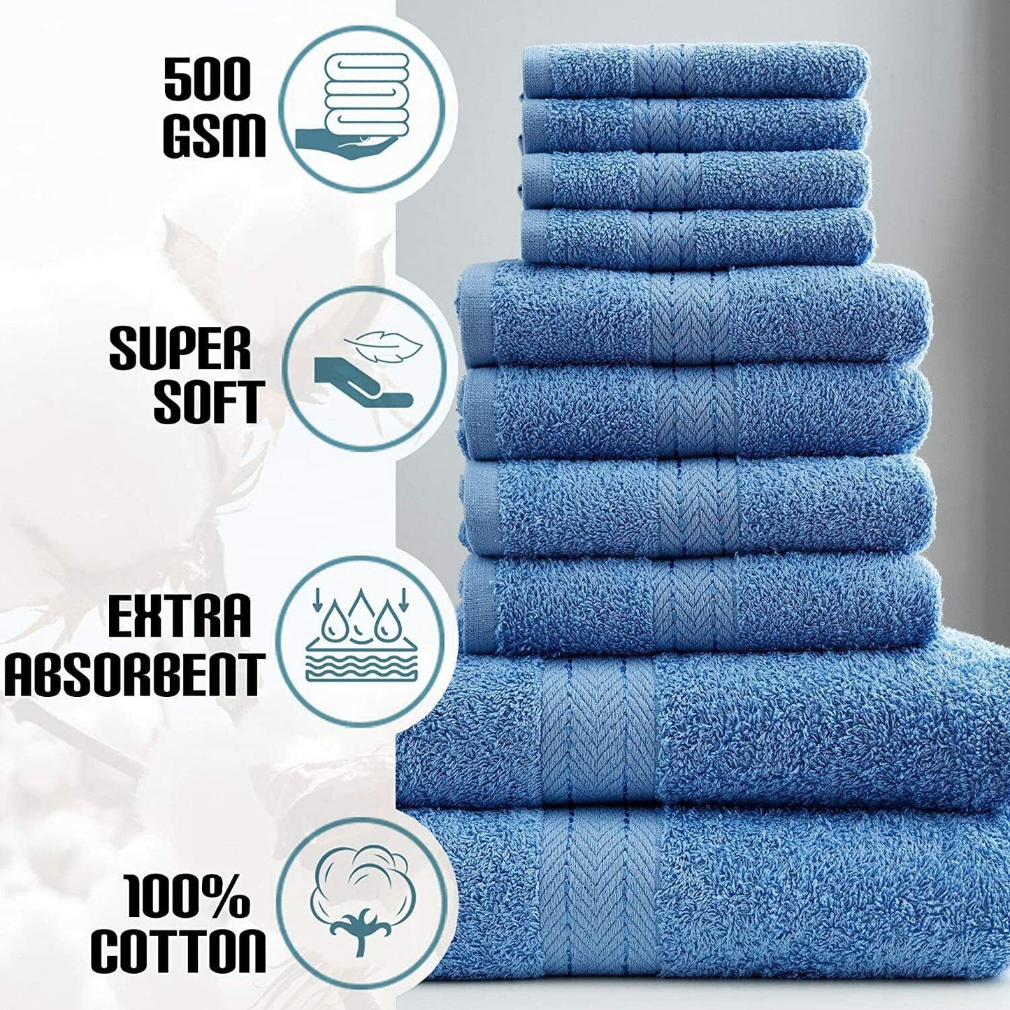 10pcs Towel Bale Set 100% Egyptian Combed Soft Cotton Face, Hand, Bath Towels