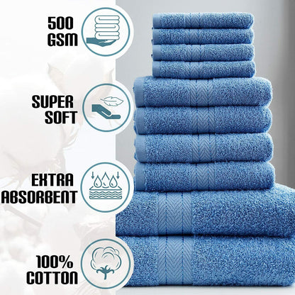 10pcs Towel Bale Set 100% Egyptian Combed Soft Cotton Face, Hand, Bath Towels