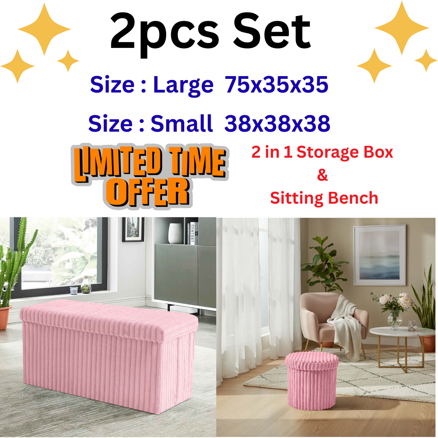 2pcs Set Ribbed Ottoman Storage Box Multi Seat Foot Stool Bench Home Organizer
