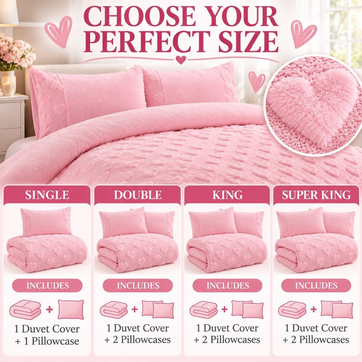 White embossed heart teddy fleece duvet cover with matching pillowcases