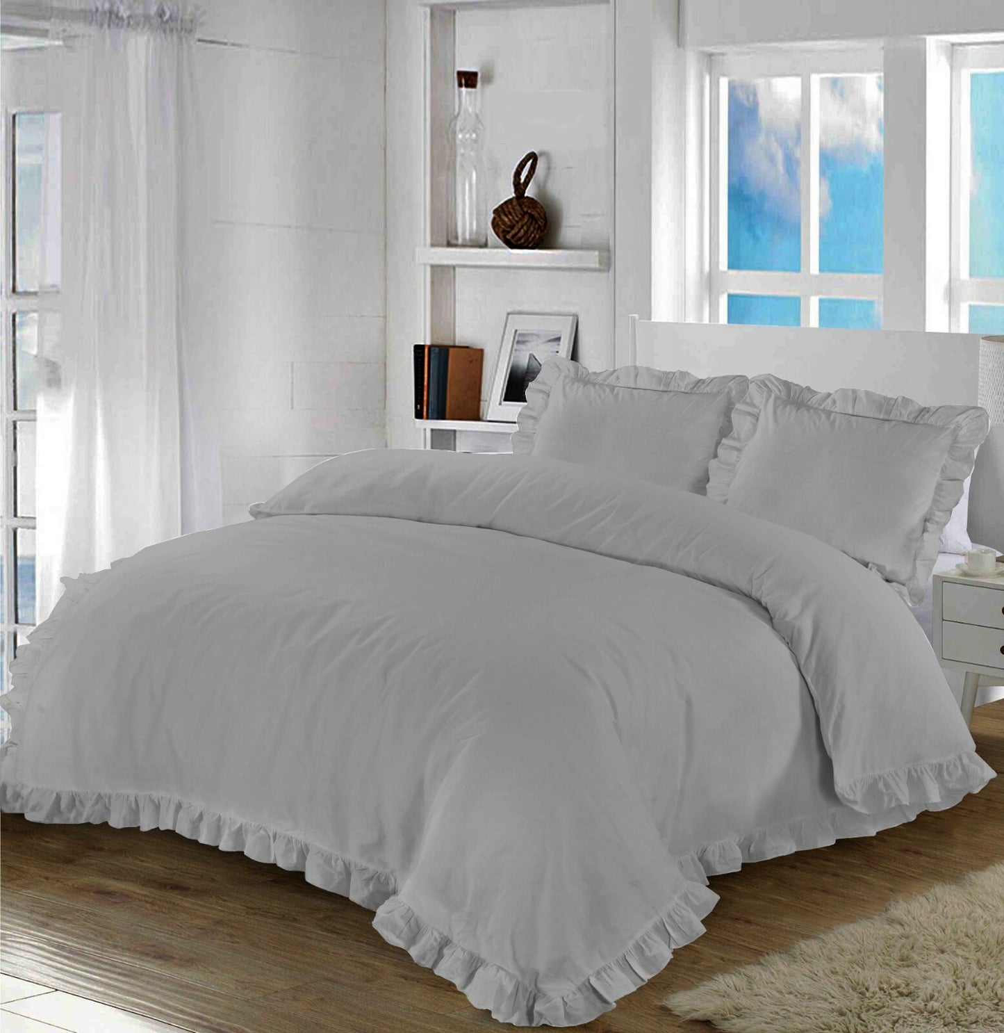 Santiago Frilled Duvet Cover & Pillowcases Plain Soft Quilt Bedding Sets