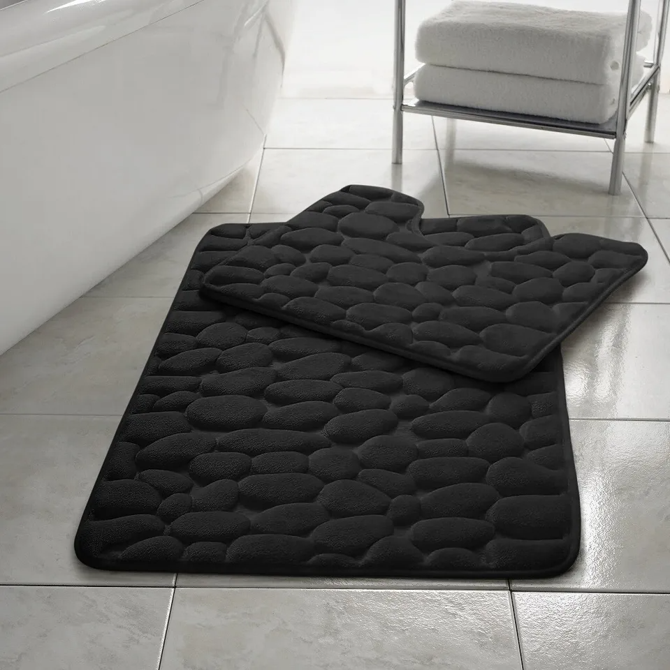 2 Piece Pabble Bath Mat Set Memory Foam Non Slip Rubber Pedestal Toilet Bathroom