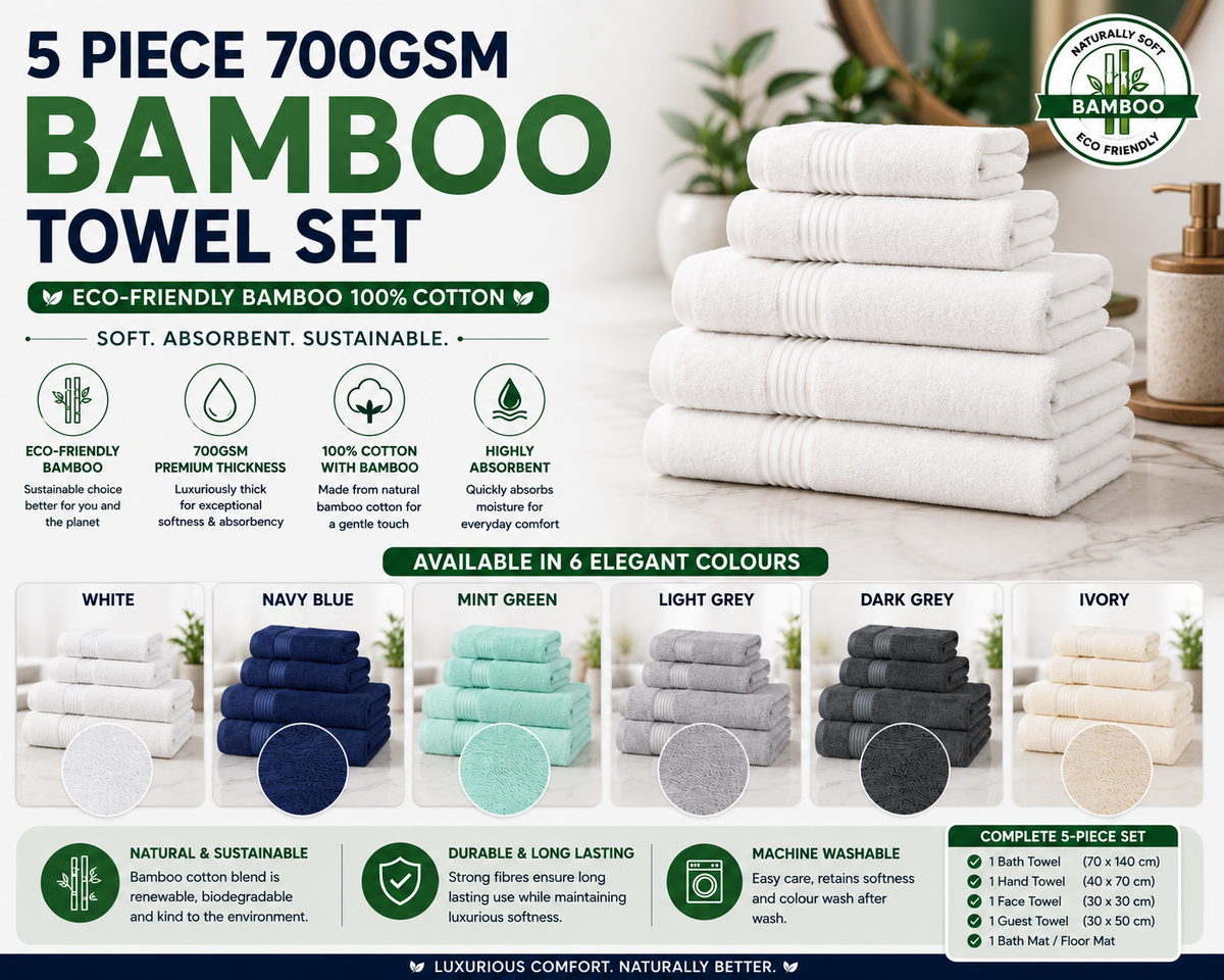 5 Piece 700GSM Bamboo Towel Set - 2 Face Cloths, 1 Hand Towel, 1 Bath Towel, 1 Bath Sheet
