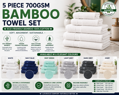 5 Piece 700GSM Bamboo Towel Set - 2 Face Cloths, 1 Hand Towel, 1 Bath Towel, 1 Bath Sheet