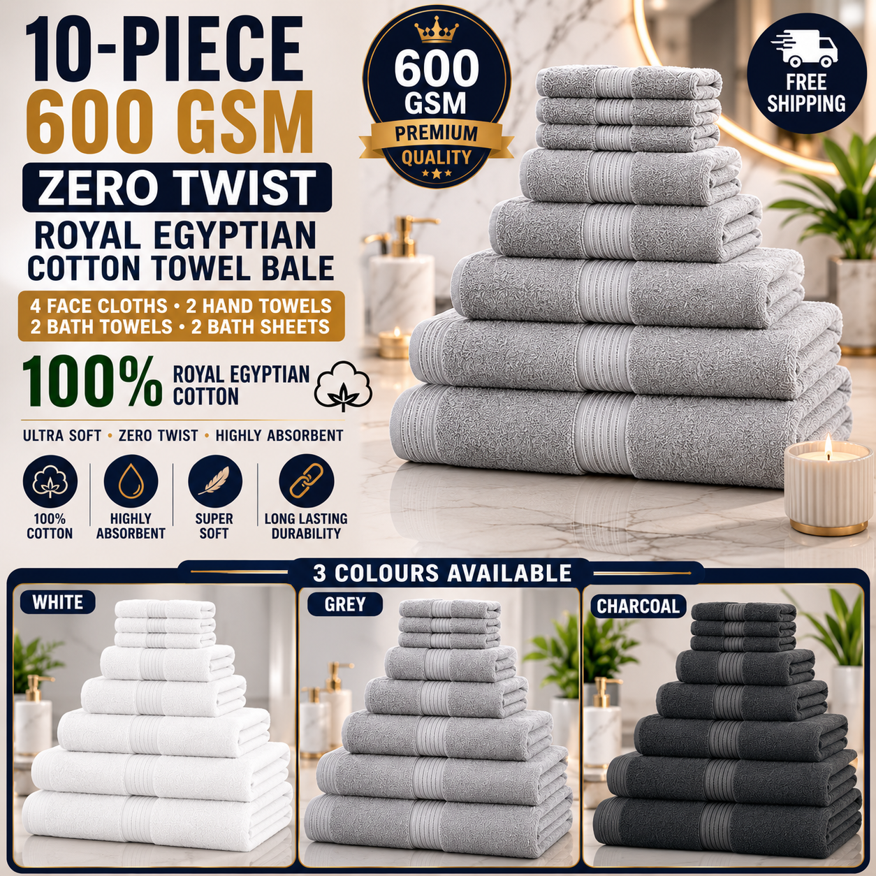 10-Piece 600GSM Zero Twist Royal Egyptian Cotton Towel Bale — 4 Face Cloths + 2 Hand + 2 Bath + 2 Bath Sheets (3 Colours)