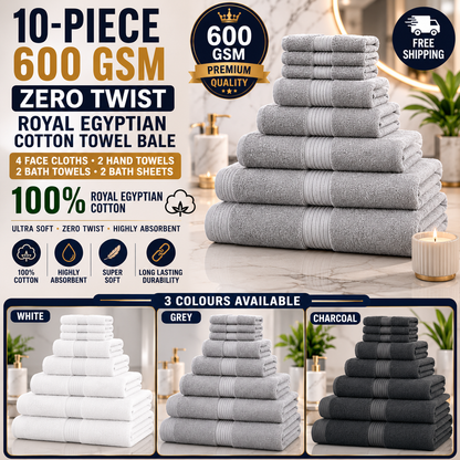 10-Piece 600GSM Zero Twist Royal Egyptian Cotton Towel Bale — 4 Face Cloths + 2 Hand + 2 Bath + 2 Bath Sheets (3 Colours)