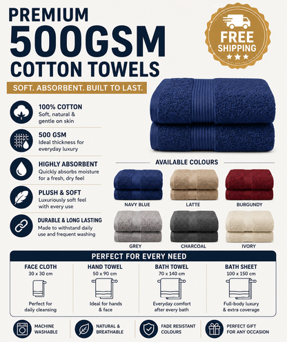 500 GSM Egyptian Cotton Luxury Towels – Super Soft Face Hand Bath Sheet