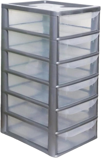 PLASTIC STORAGE DRAWERS 6 TIER A4| SMALL CLEAR BLACK & SILVER TOWER UNIT | OFFICE DESKTOP TABLETOP ORGANISER HOME SCHOOL BEDROOM LIVING ROOM | 62 cm HEIGHT, 38 cm DEPTH, 38 cm WIDTH