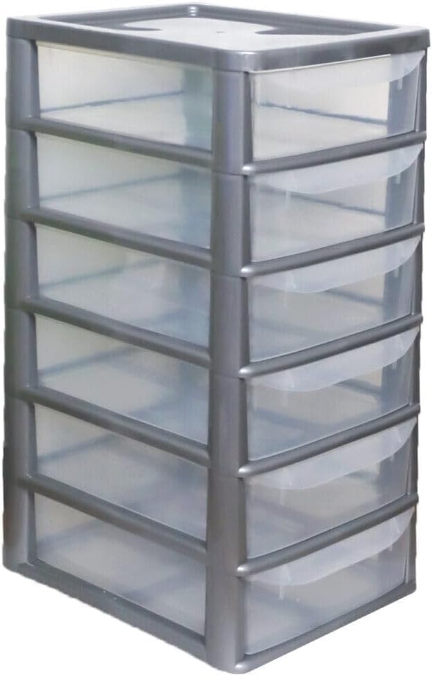 PLASTIC STORAGE DRAWERS 6 TIER A4| SMALL CLEAR BLACK & SILVER TOWER UNIT | OFFICE DESKTOP TABLETOP ORGANISER HOME SCHOOL BEDROOM LIVING ROOM | 62 cm HEIGHT, 38 cm DEPTH, 38 cm WIDTH